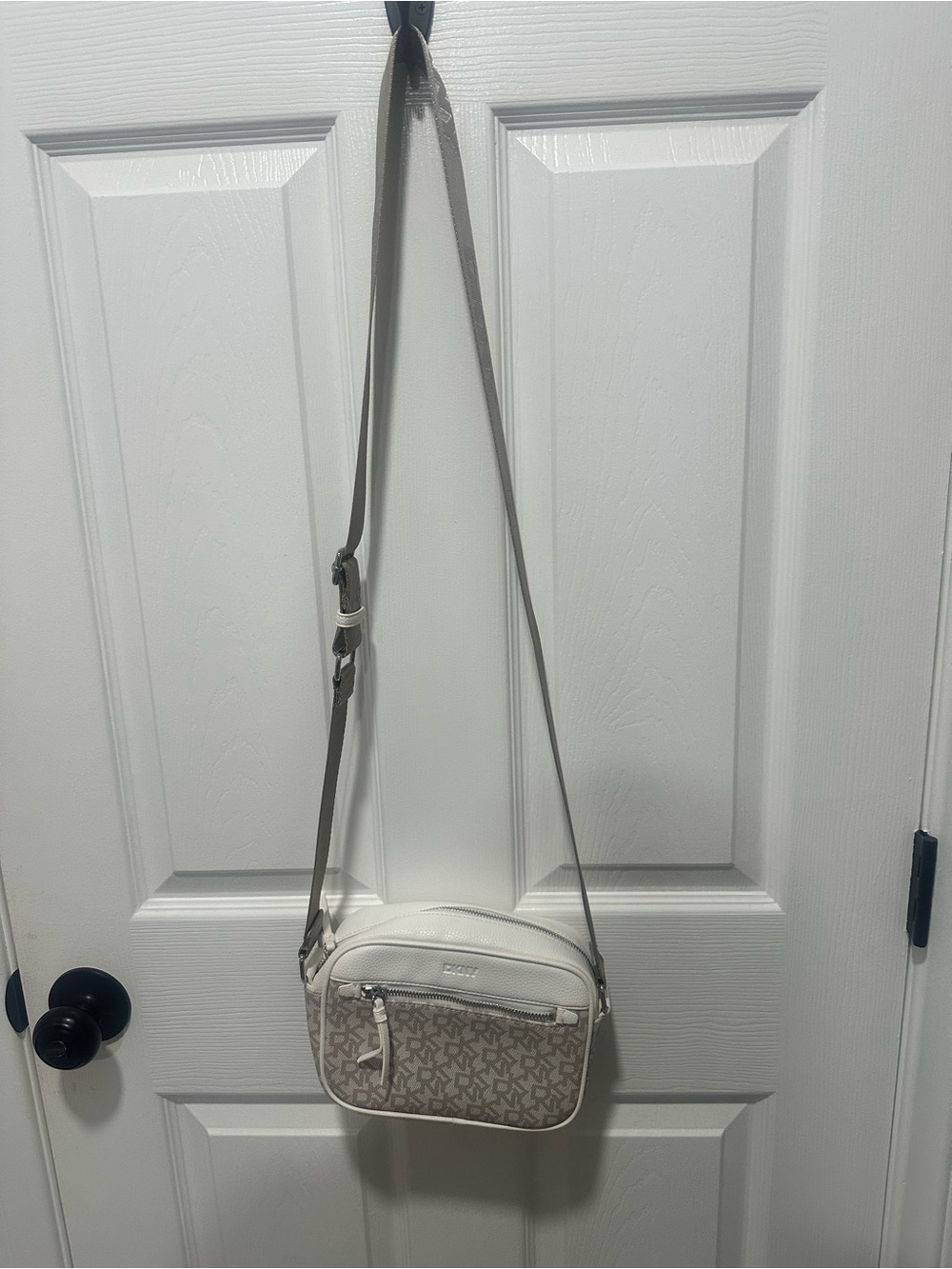 DKNY White and Light Gray Monogram Crossbody Bag